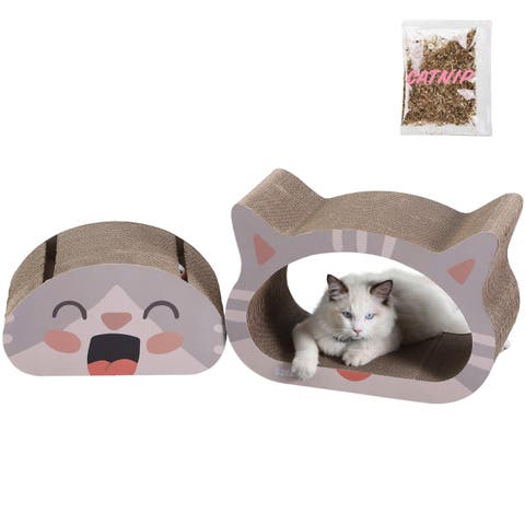 Opal Modern Cardboard Happy Cat Head 2-in-1 Cat Cave Scratcher with Built-In Bell Toys and Catnip