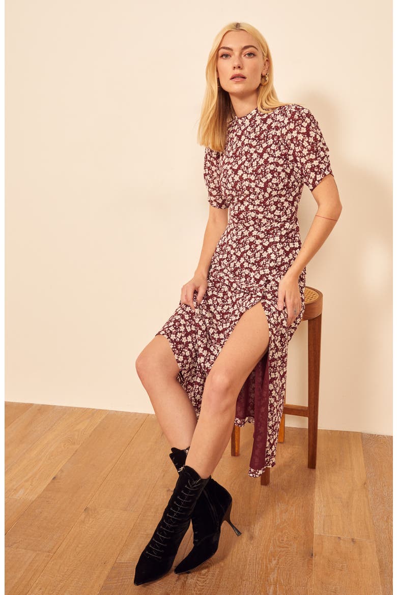 Gio Ditsy Floral Midi Dress, Alternate, color, GRANITA