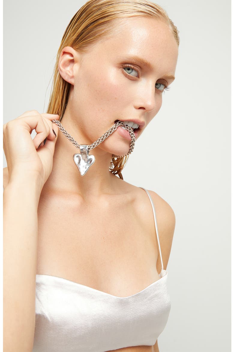 Necklace With Chunky Chain And Heart Detail Plated In Sterling Silver, Alternate, color, Silver