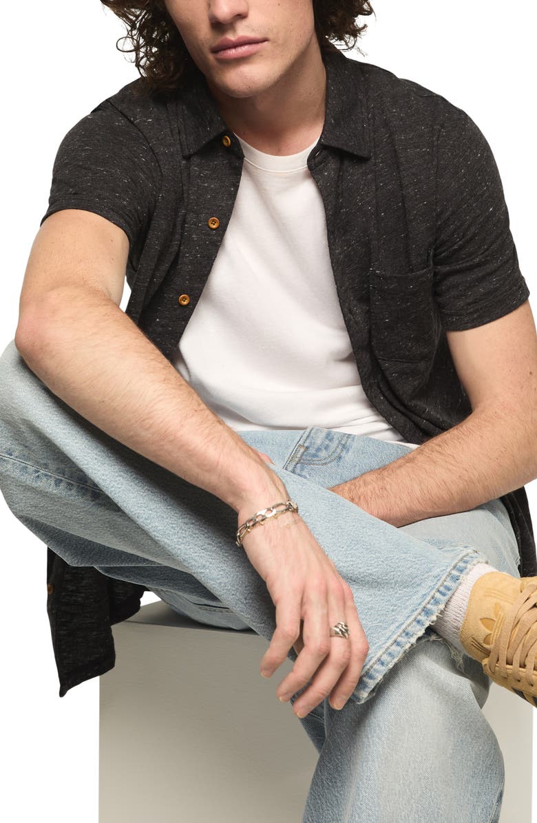 Lucky Brand Slub Knit Short Sleeve Cotton Blend Button-Up Shirt, Alternate, color, Black