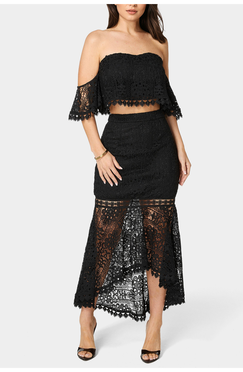 bebe Two Piece Lace High Low Dress, Main, color, Black