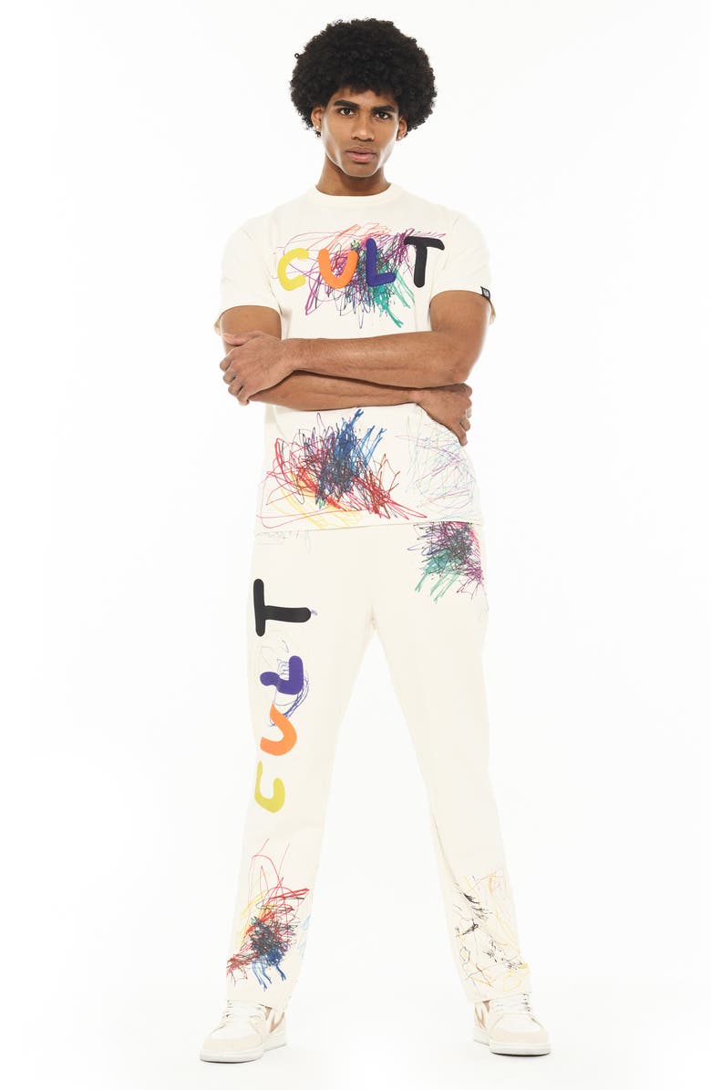 Cult of Individuality Scribble Raw Hem Sweatpants, Alternate, color, Winter White