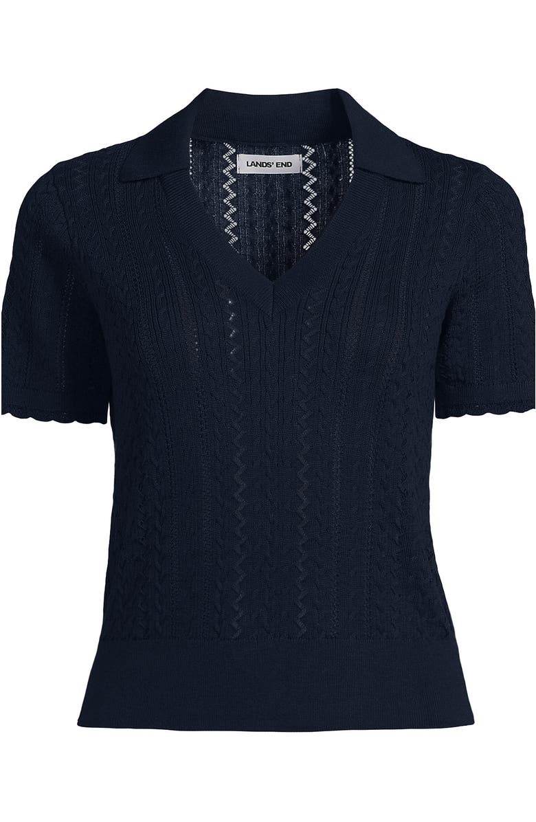 Lands' End Fine Gauge Cotton Pointelle Polo Sweater, Alternate, color, Radiant Navy