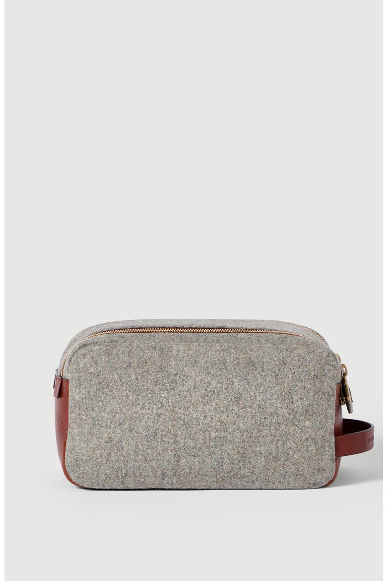 Virgin wool, alpaca and cashmere flannel beauty case with grained calfskin inserts and double zipper, Alternate, color, Leather