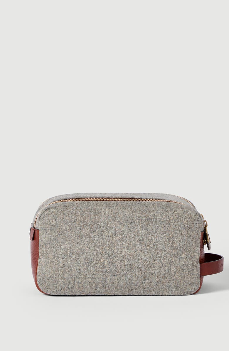 Brunello Cucinelli Virgin wool, alpaca and cashmere flannel beauty case with grained calfskin inserts and double zipper, Alternate, color, Leather