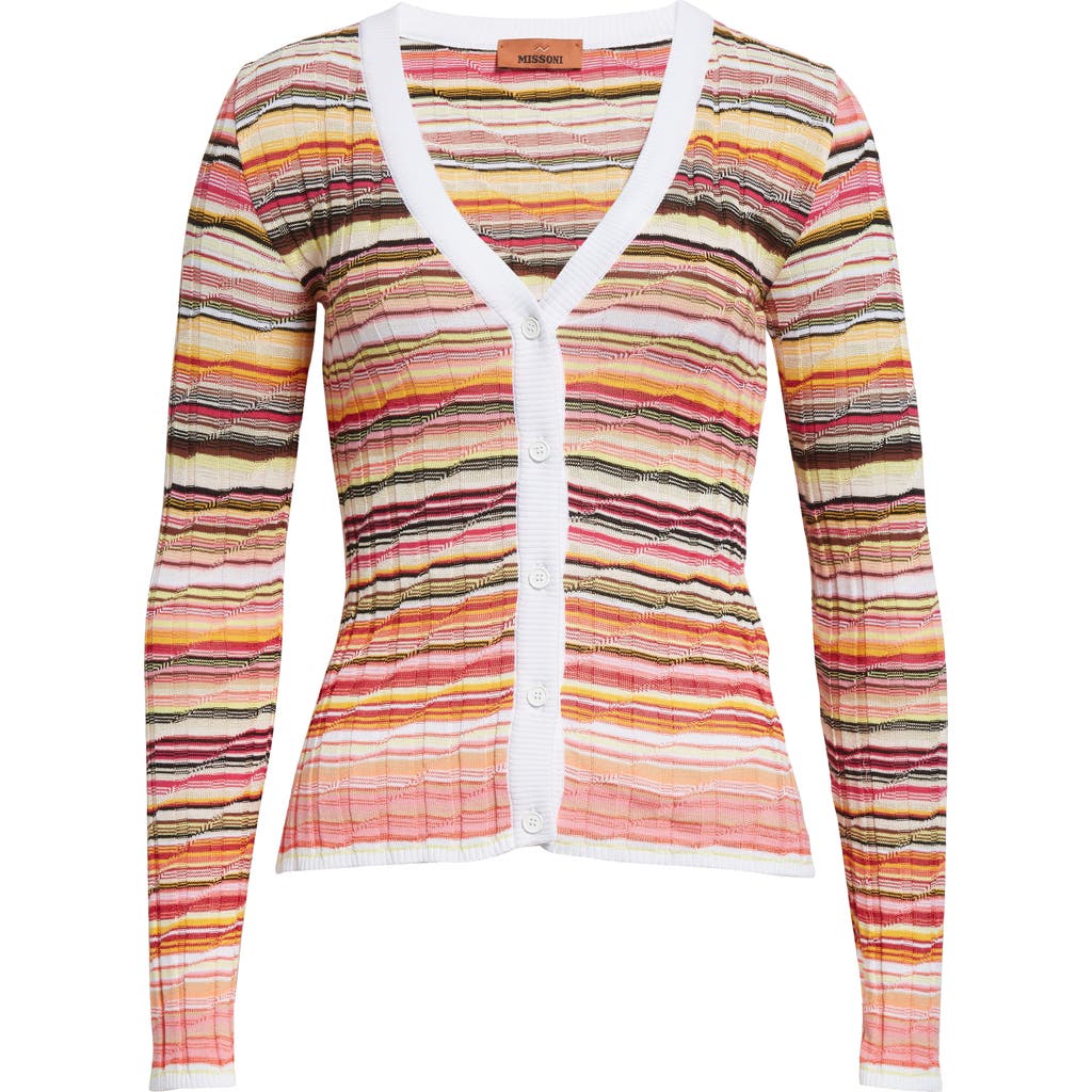 Missoni Striped Rib V-neck Fitted Cardigan In Pink Multi