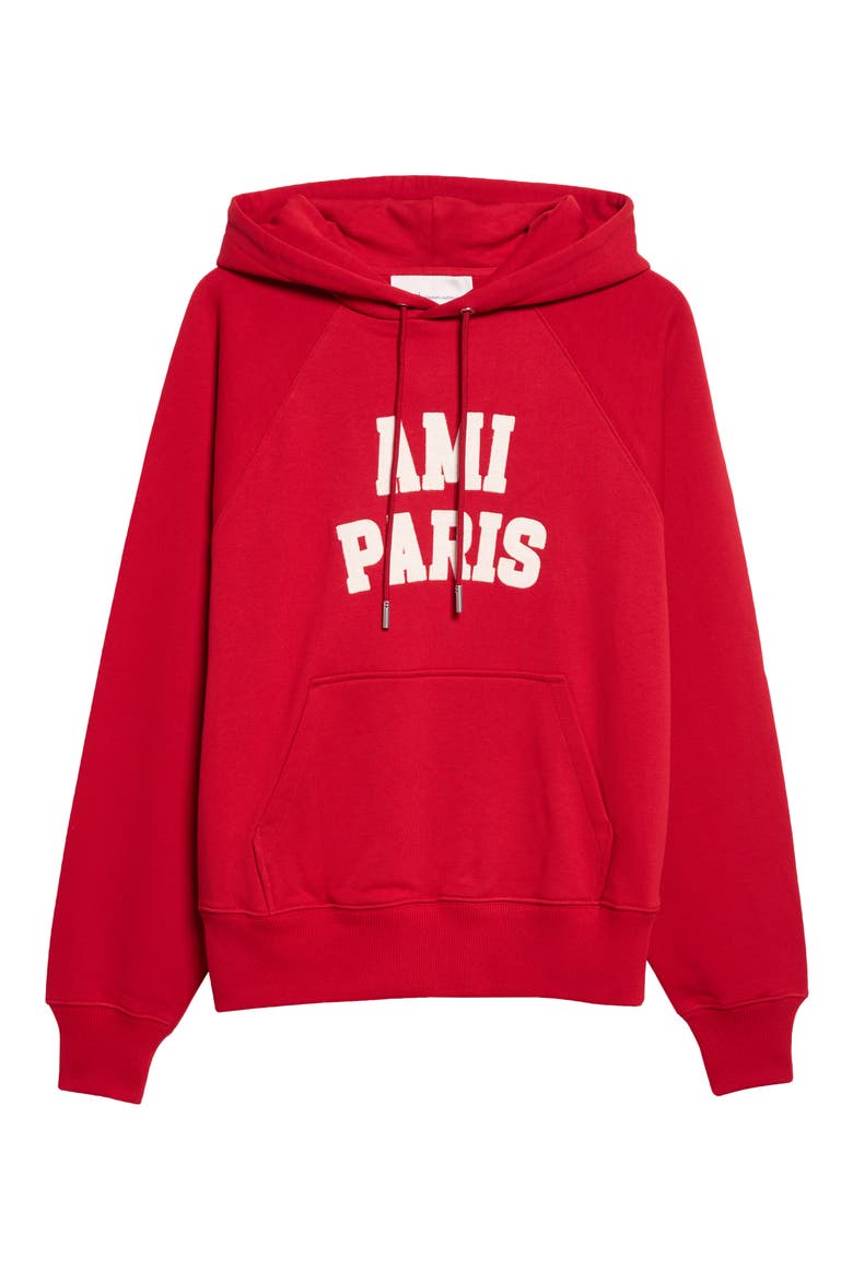 Logo Appliqué Cotton Fleece Hoodie, Main, color, ROUGE RUBIS/ IVOIRE