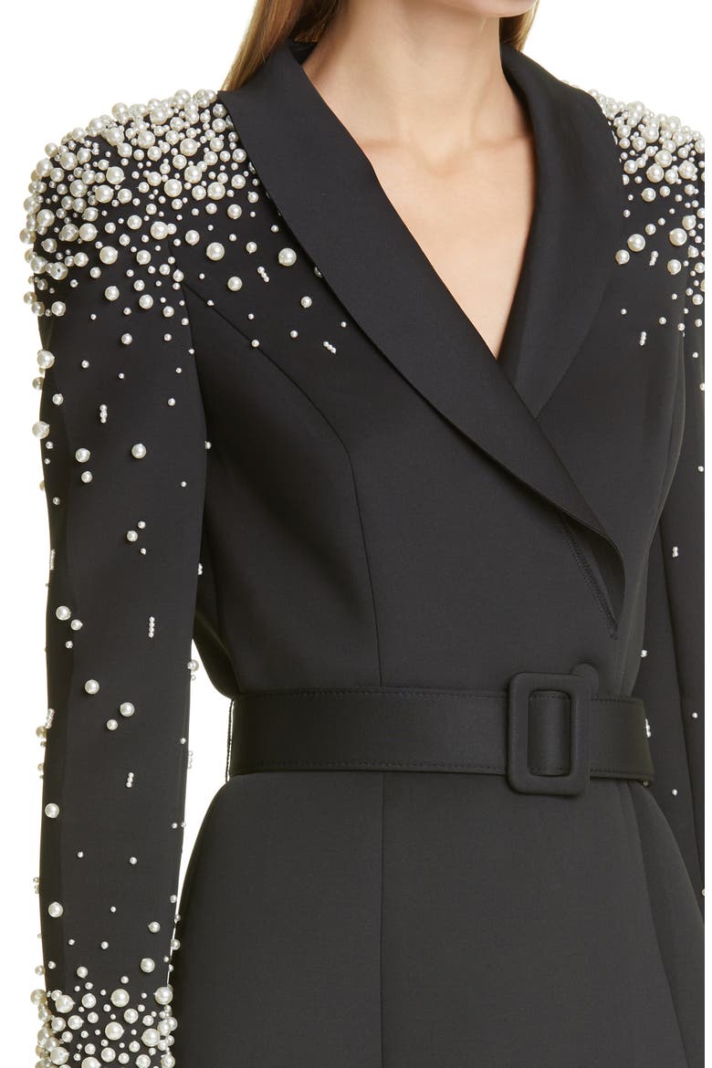 Imitation Pearl Embellished Long Sleeve Cocktail Coatdress, Alternate, color, BLACK IVORY