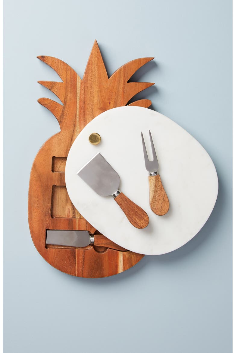 Anthropologie Marble Pineapple Cheeseboard & Set of 3 Cheese Knives, Alternate, color, WHITE