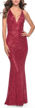 La Femme Sequin Stretch Long Prom Dress with Banded Waist