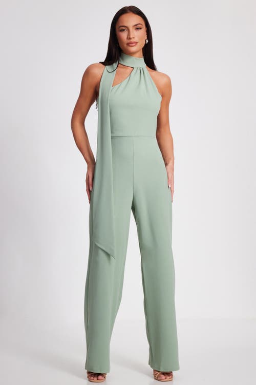 Quiz Scuba Crepe Halter Neck Jumpsuit With Scarf Tie Detail In Sage