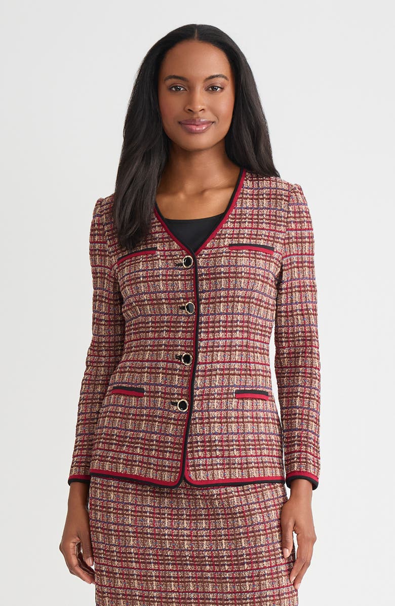 Misook Tailored Plaid Multi-Stitch Knit Jacket, Main, color, Scarlet Red/Truffle