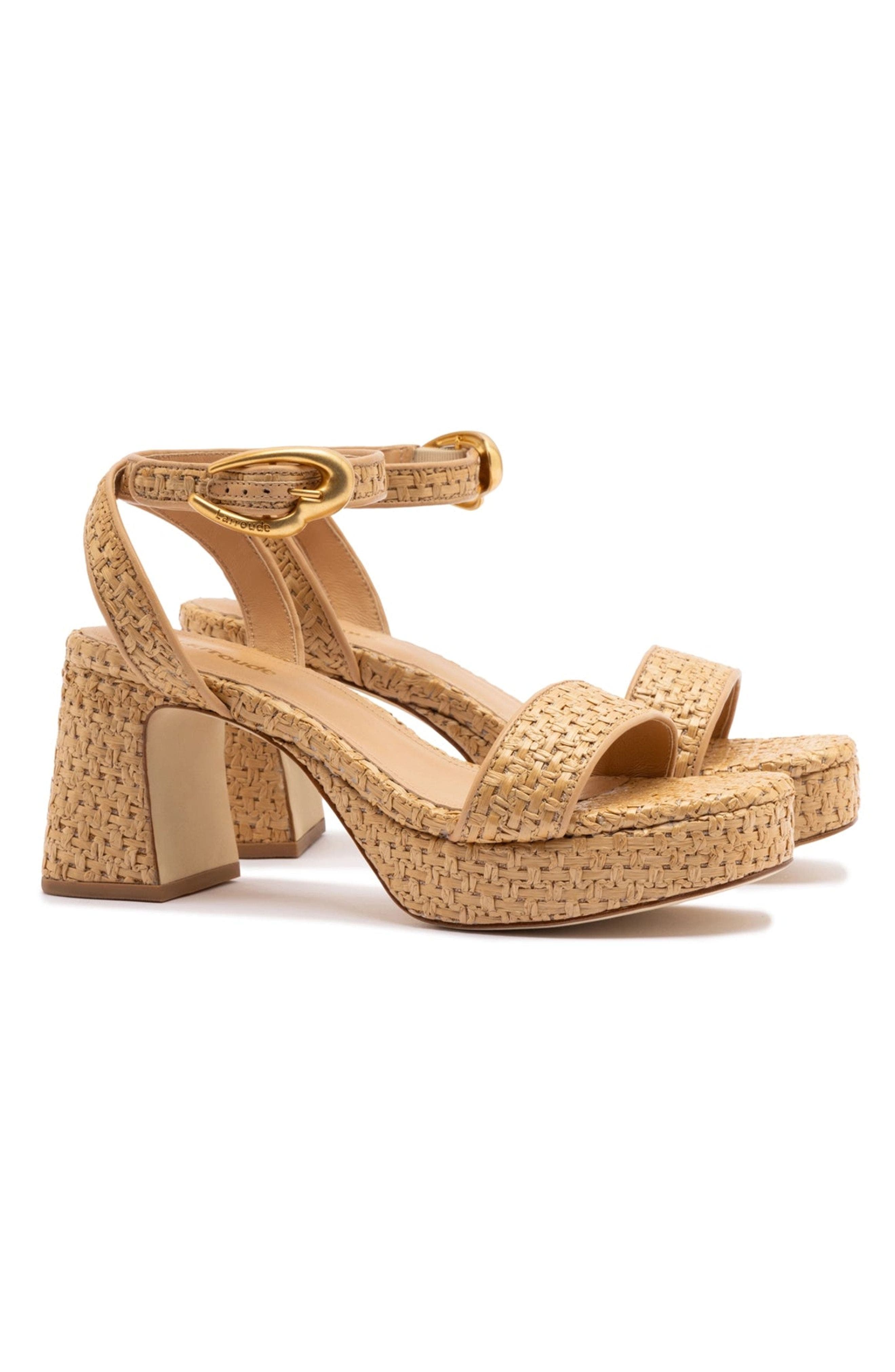 Larroudé Dolly Verona Low Sandal In Natural Raffia and Beige Leather, Alternate, color, Natural