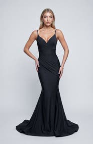 Jessica Angel Ruched Plunge Neck Mermaid Evening Gown
