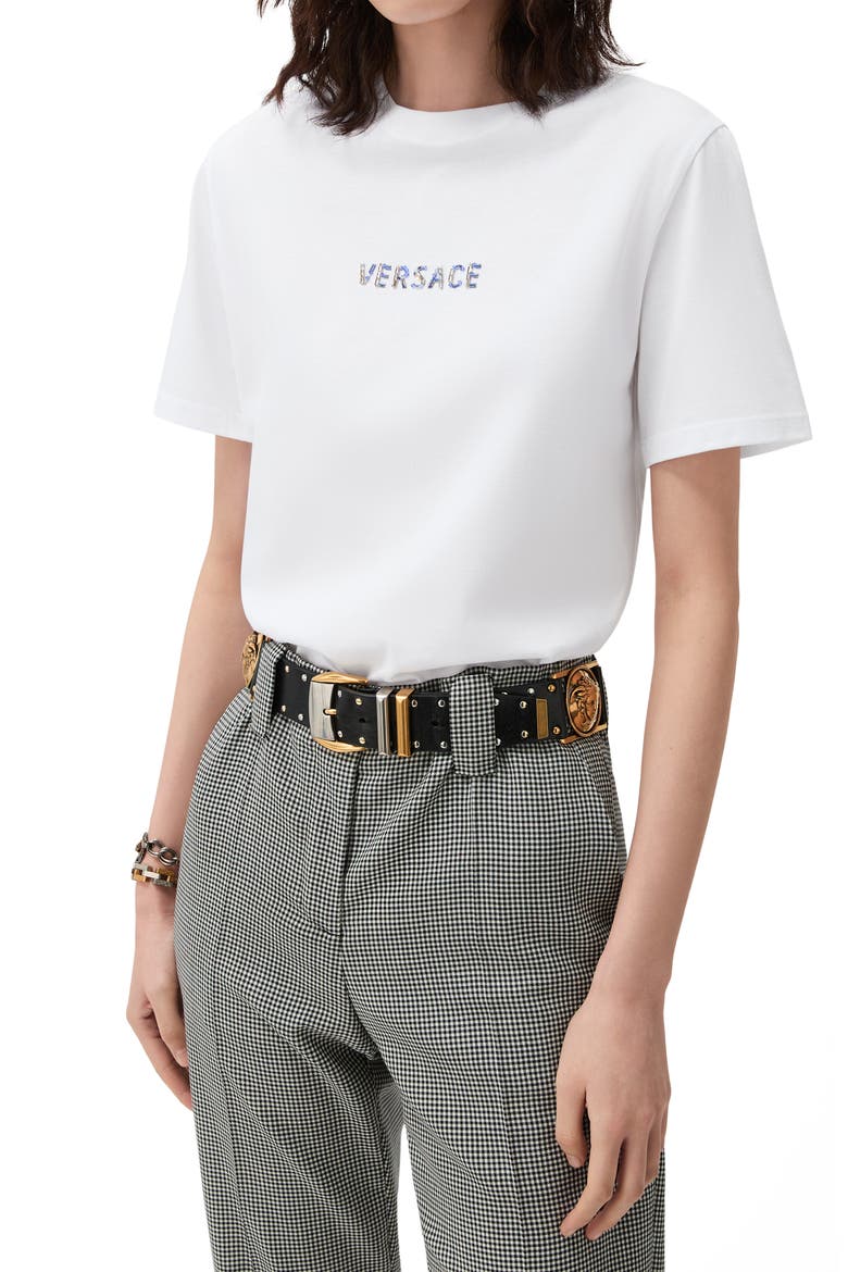 Crystal Embellished Logo Cotton T-Shirt, Main, color, OPTICAL WHITE
