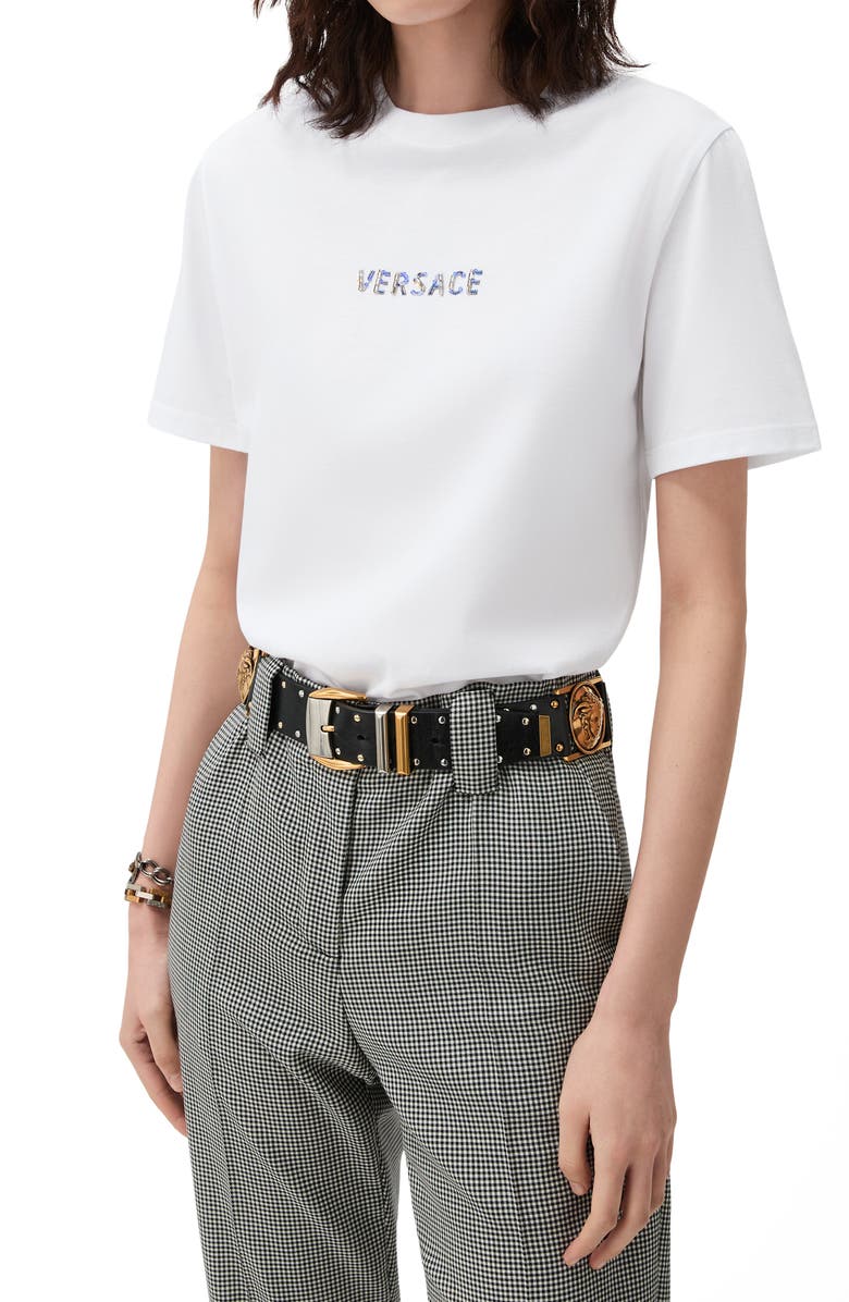Versace Crystal Embellished Logo Cotton T-Shirt, Main, color, Optical White