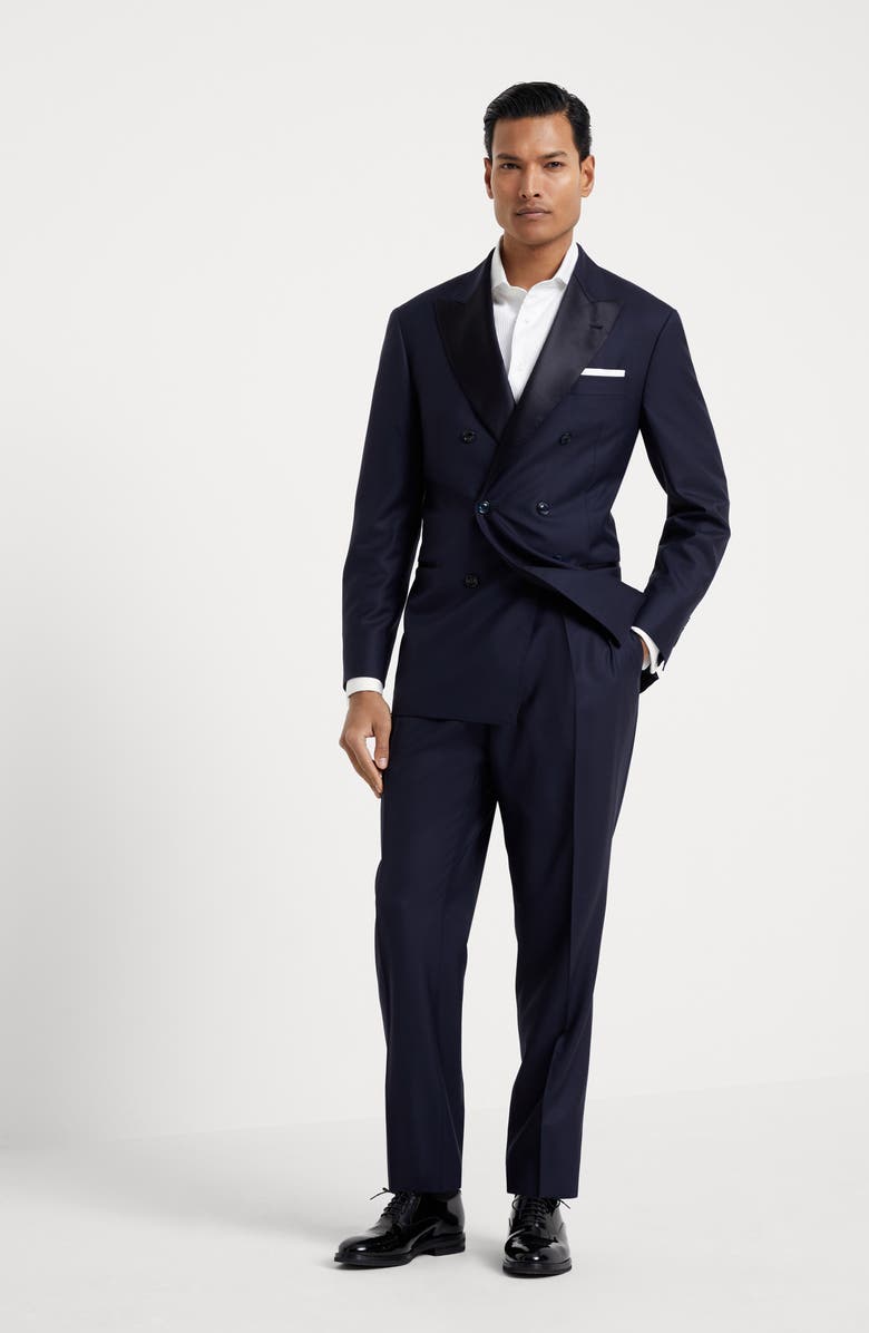Brunello Cucinelli Lightweight virgin wool and silk twill tuxedo with one-and-a-half breasted jacket and double-pleated trousers, Alternate, color, 