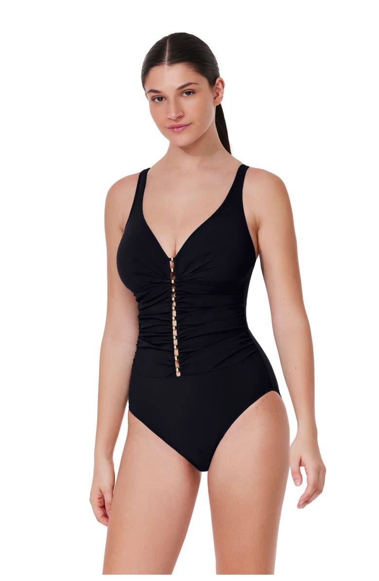 Profile by Gottex Tutti Frutti D-Cup V-Neck Gold Beaded One Piece, Main, color, Black