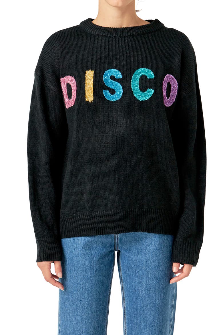 Disco Appliqué Graphic Crewneck Sweater, Alternate, color, BLACK