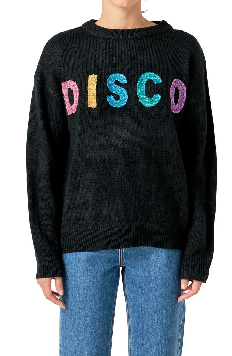 English Factory Disco Appliqué Graphic Crewneck Sweater, Alternate, color, Black