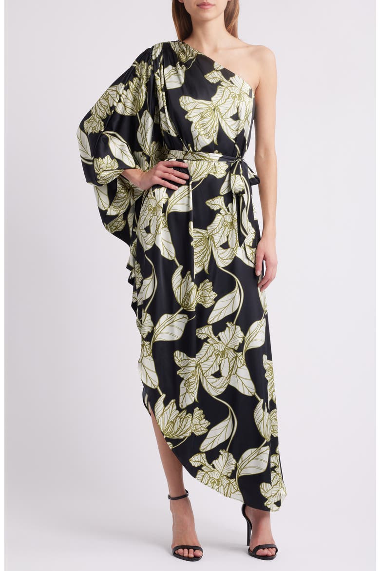 One-Shoulder Single Long Sleeve Cocktail Dress, Main, color, BLACK DRAMATIC VINING IRIS