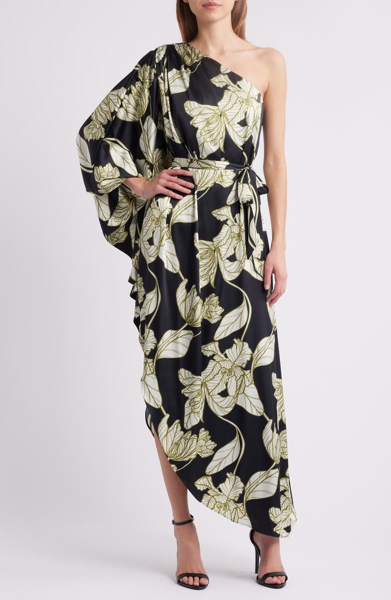 Hutch One-Shoulder Single Long Sleeve Cocktail Dress, Main, color, Black Dramatic Vining Iris