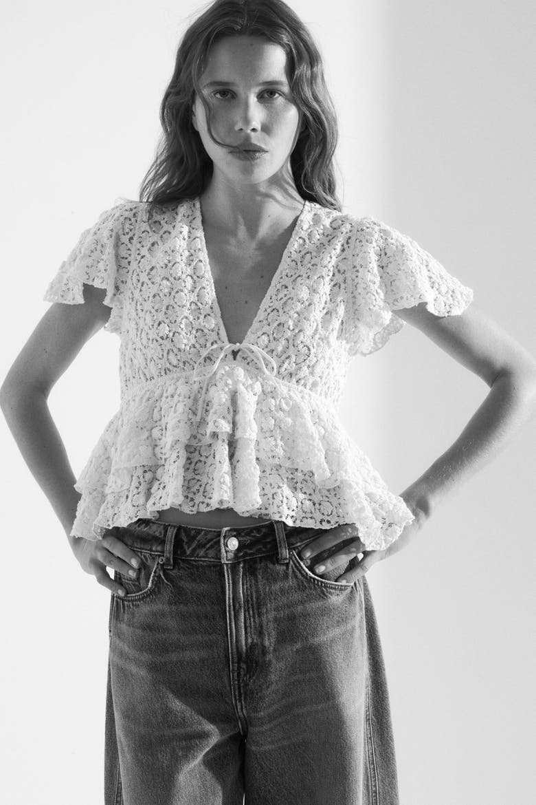 Lace Peplum Top, Alternate, color, Light beige