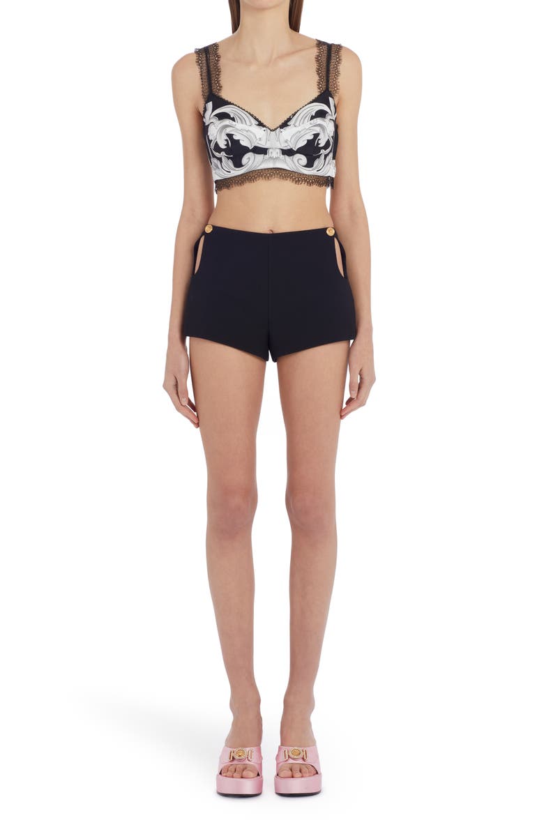 Versace Baroque Print Lace Trim Silk Bustier Crop Top, Alternate, color,