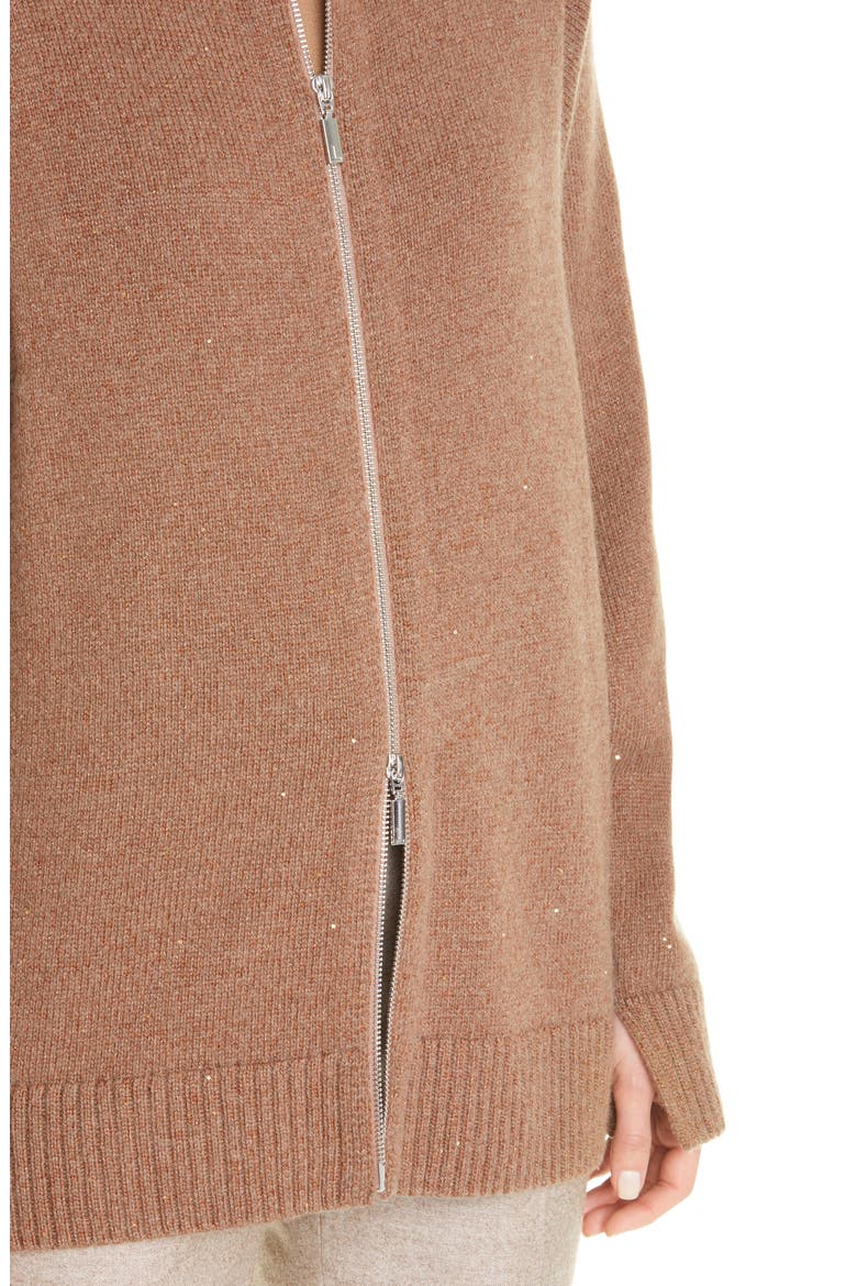 Sequin Zip Cashmere & Silk Cardigan, Alternate, color, TOBACCO METALLIC