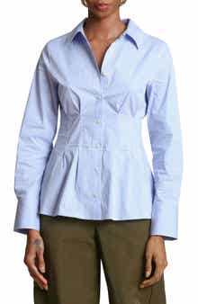 Avec Les Filles Stripe Cotton Blend Button-Up Top