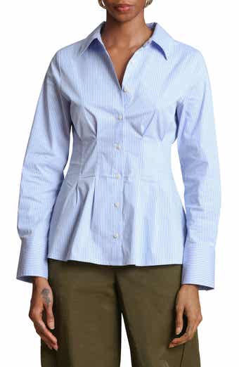 Avec Les Filles Stripe Cotton Blend Button-Up Top