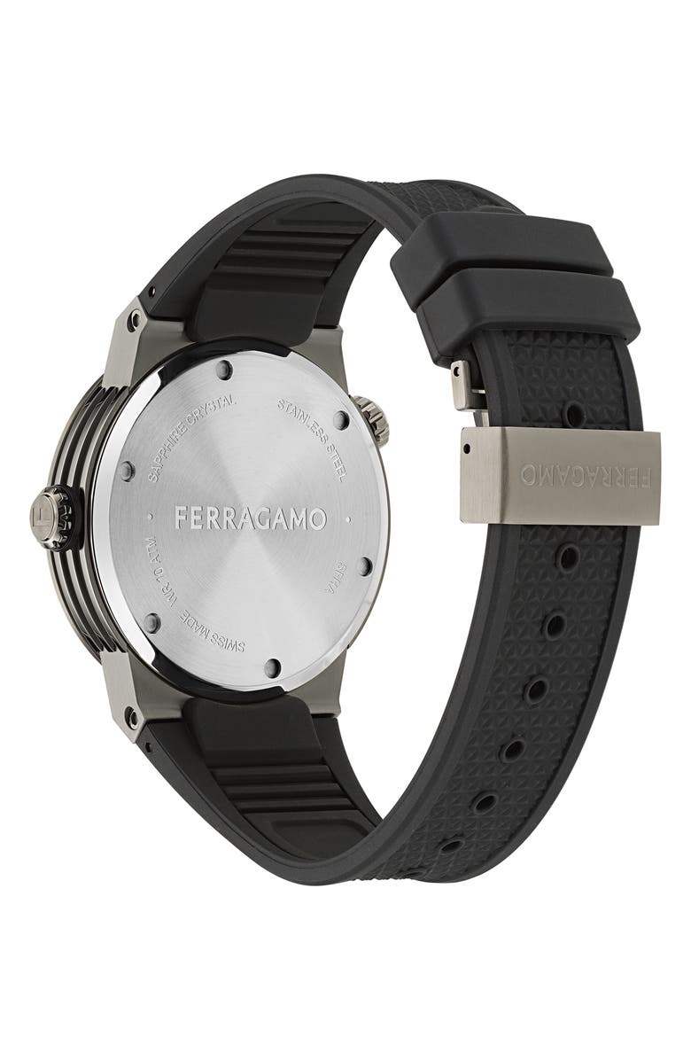 FERRAGAMO F-80 GMT Worldtime Silicone Strap Watch, 43mm, Alternate, color, Ip Gunmetal