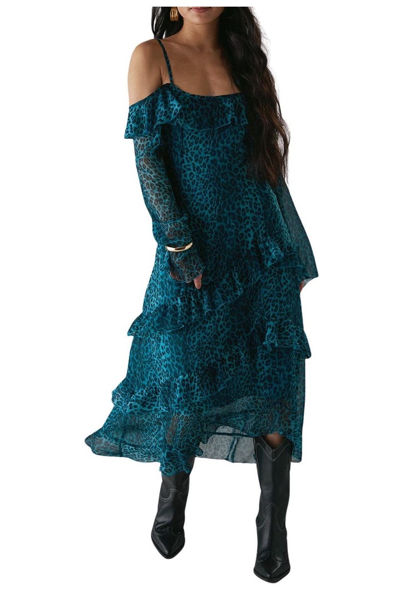 Warehouse Ruffle Cold Shoulder Midi Dress, Alternate, color, Leopard