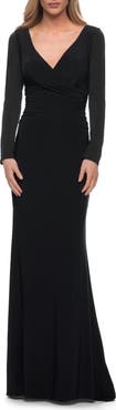 La Femme Long Sleeve Jersey Evening Dress with Ruching