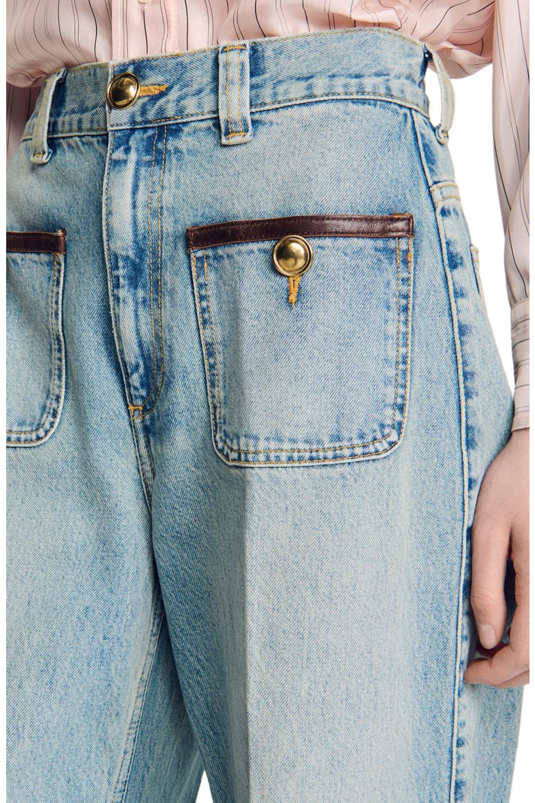 Straight-leg leather detail jeans, Main, color, Blue jean