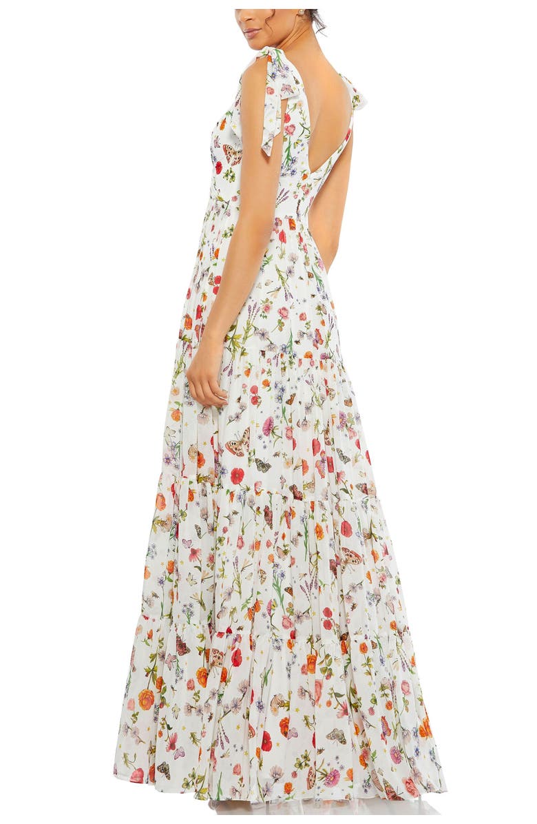 Mac Duggal Floral Print Sleeveless Soft Tie Shoulder Gown, Alternate, color, White Multi