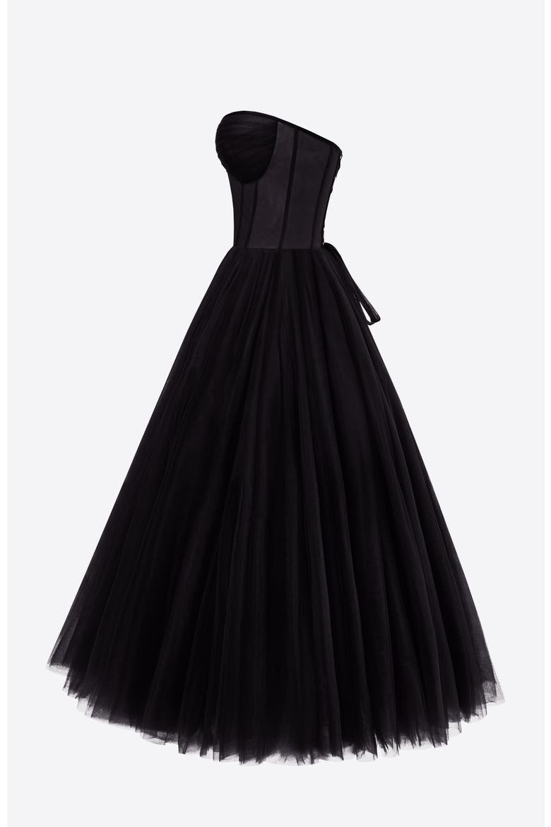 Strapless Puffy Tulle Midi Formal Occasion Dress in Black, Alternate, color, Black