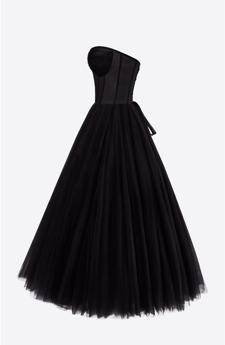 Milla Strapless Puffy Tulle Midi Formal Occasion Dress in Black, Alternate, color, Black