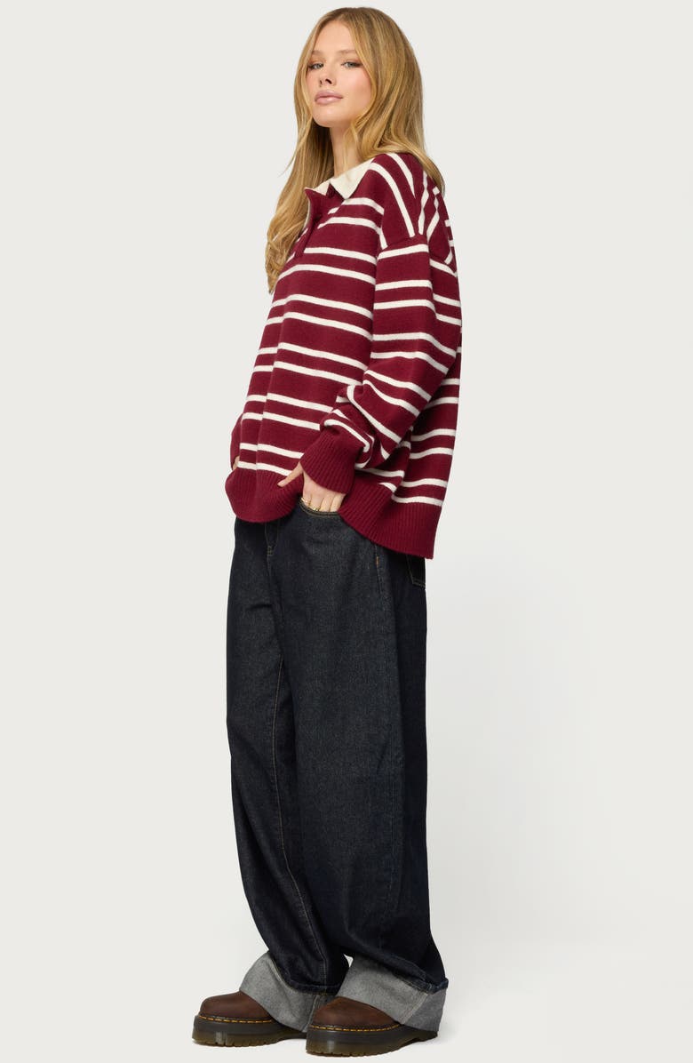 EDIKTED Rilynn Stripe Sweater Polo, Alternate, color, Burgundy-And-White