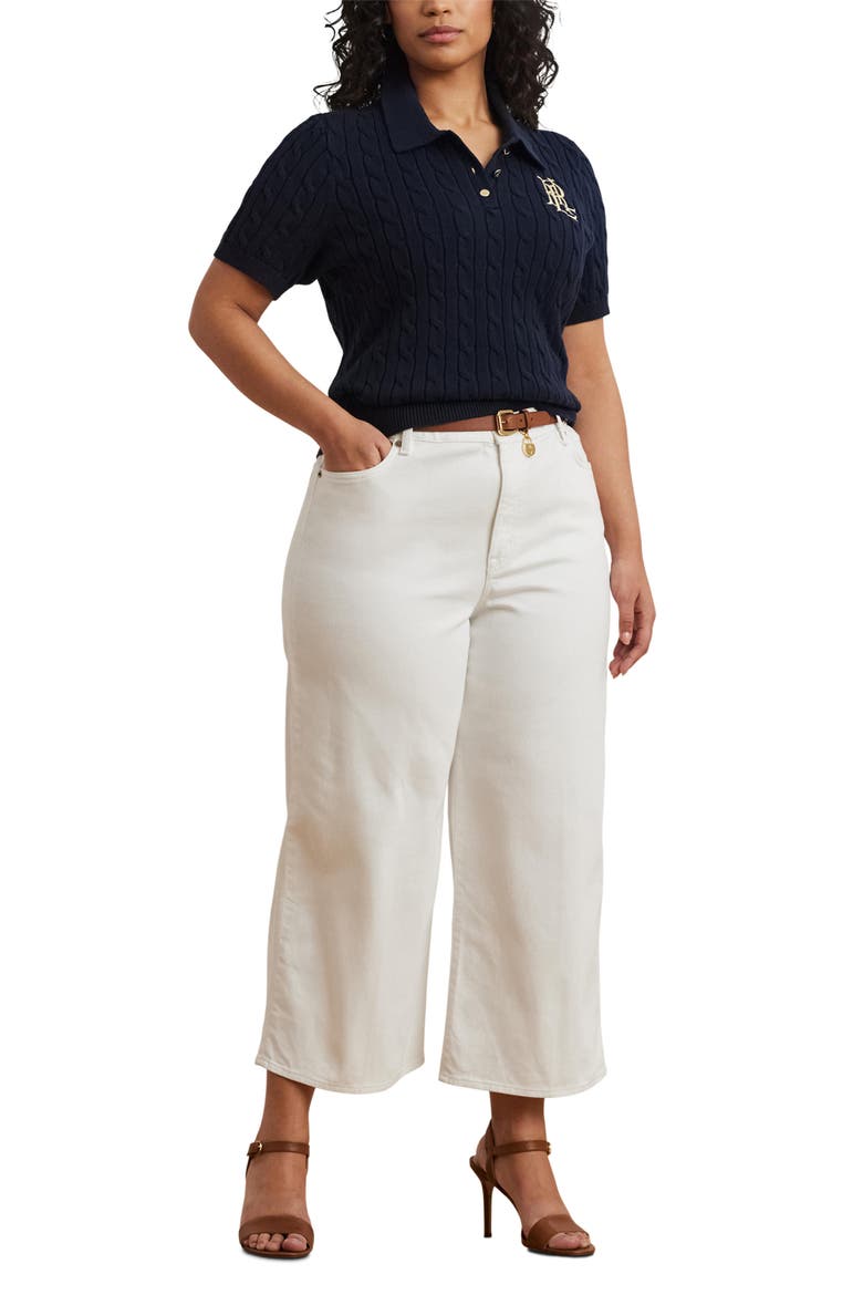 Embroidered Cable Cotton Polo Sweater, Alternate, color, LAUREN NAVY