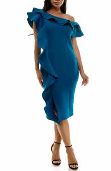 Nina Leonard Ruffle One-Shoulder Scuba Knit Sheath Dress
