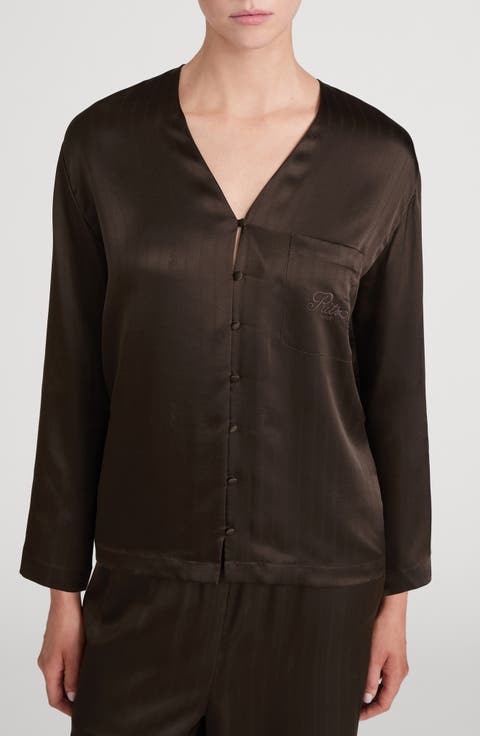 x The Ritz Paris Silk Satin Button-Up Pajama Shirt