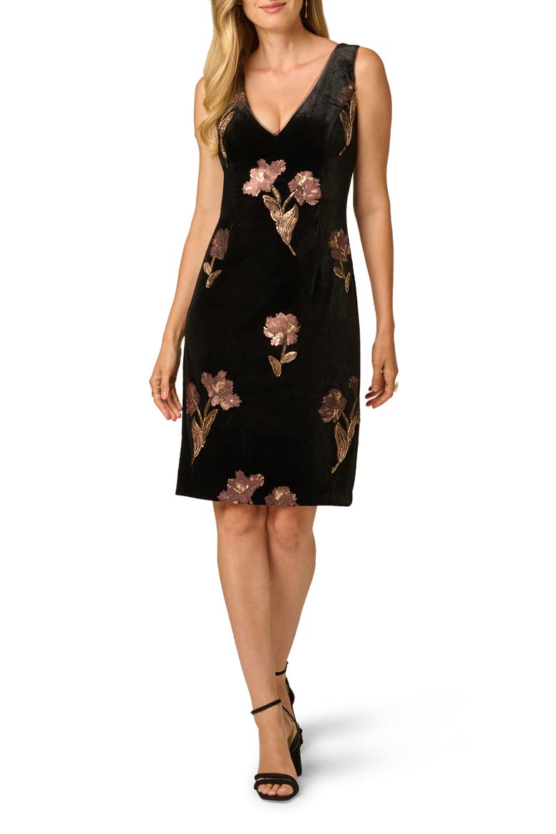 Sequin Floral V-Neck Velvet Sheath Dress, Main, color, BLACK/ COPPER