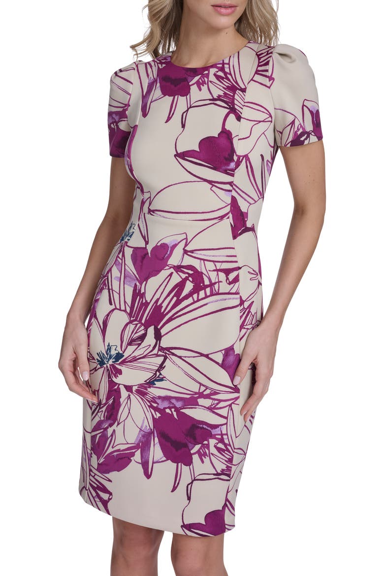Floral Sheath Midi Dress, Alternate, color, KHAKI/ BOYSENBERRY MULTI