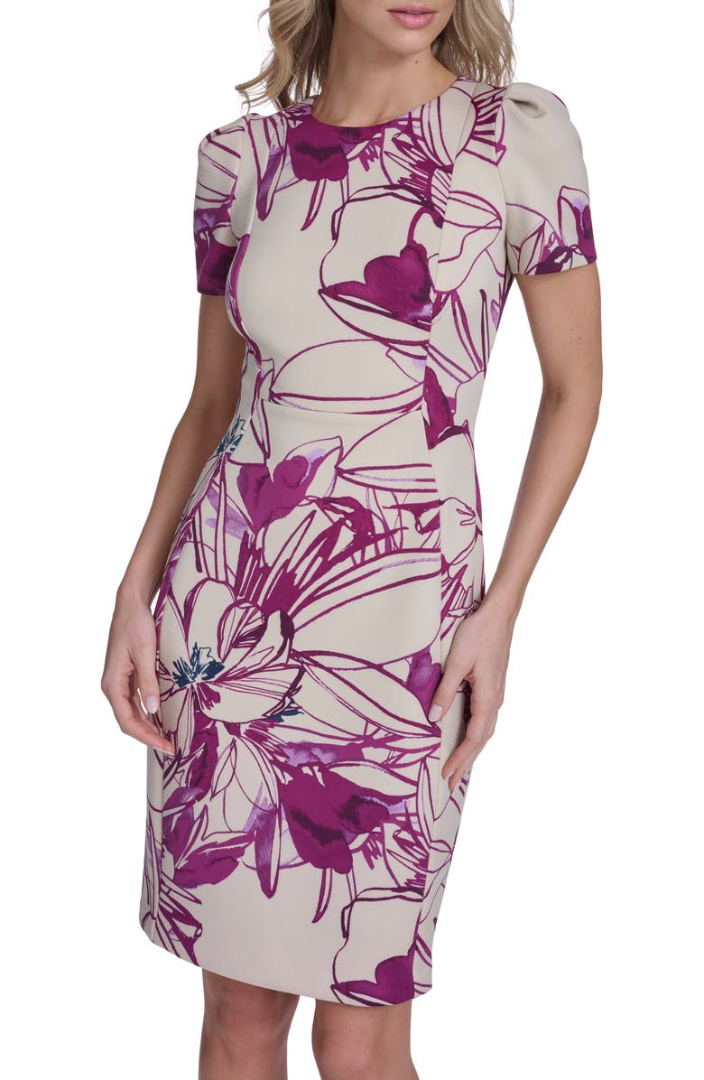 Calvin Klein Floral Sheath Midi Dress, Alternate, color, Khaki/ Boysenberry Multi