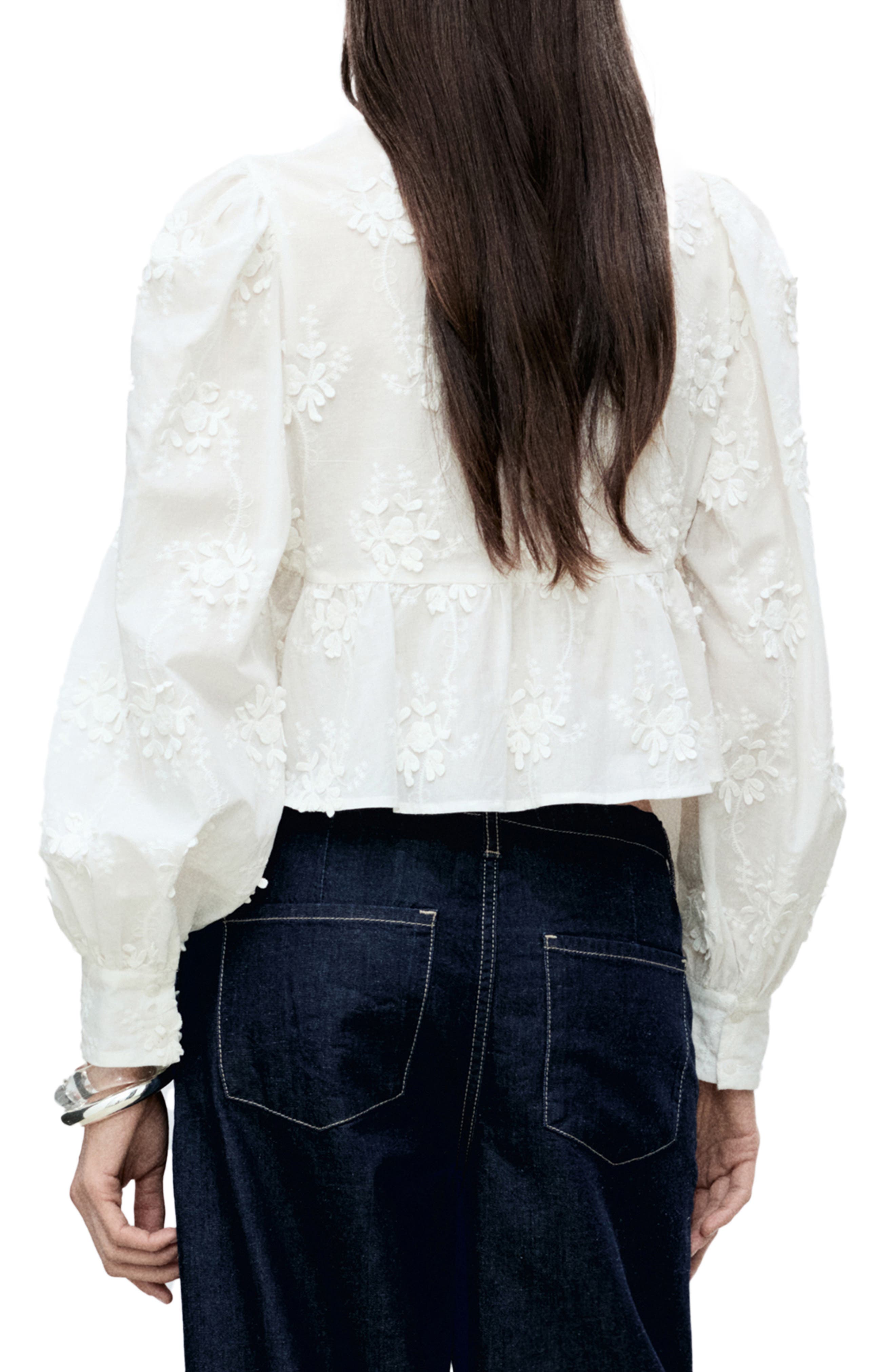 Floral Embroidered Cotton Peplum Button-Up Shirt - image 2
