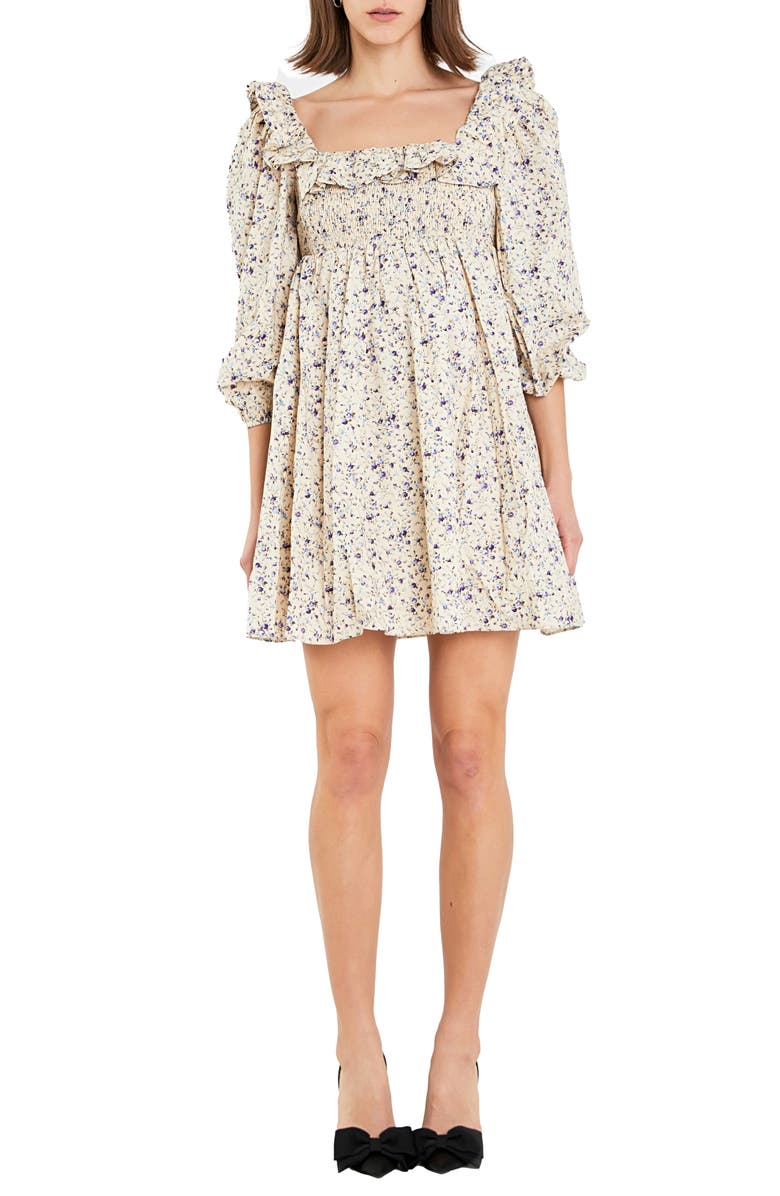 English Factory Square Neck Ruffle Minidress, Main, color, Cream/ Purple