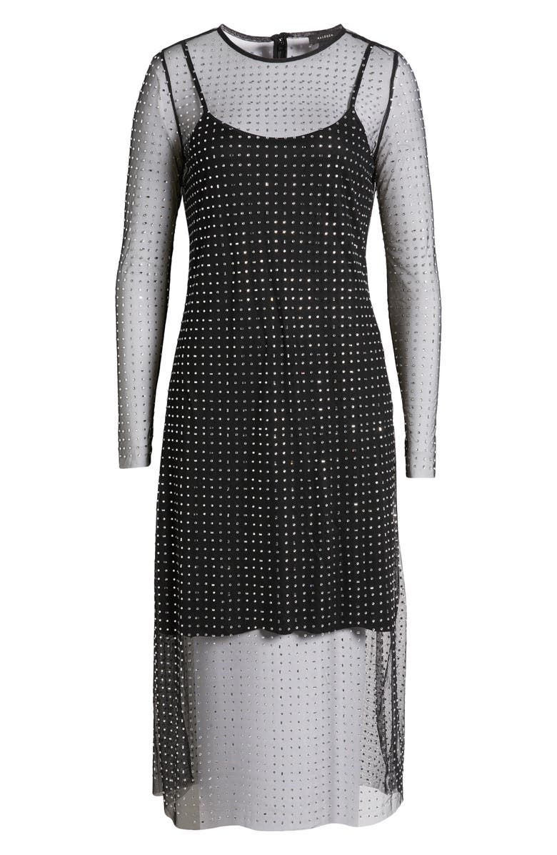 Halogen<sup>®</sup> Crystal Detail Long Sleeve Mesh Overlay Midi Dress, Alternate, color,