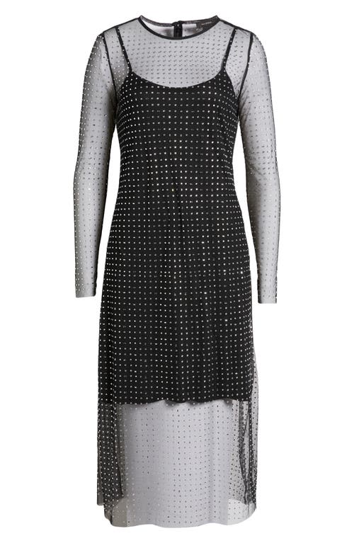 Halogen ® Crystal Detail Long Sleeve Mesh Overlay Midi Dress In Rich Black