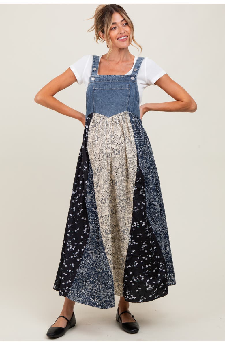 PinkBlush Floral Colorblock Print Denim Contrast Dress, Alternate, color, Blue